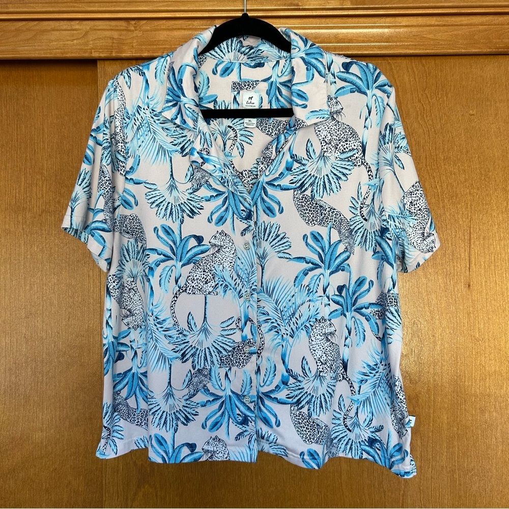 Echo Sleepwear Leopard Tropical Short Sleeve Button Down Pajama Top Size XL